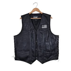 VTG FMC Leather Vest XL Black Motorcycle Black White American Flag Patch Biker